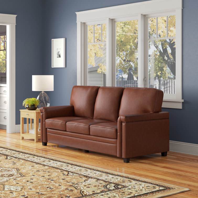  Lark Manor Alicia 77.2" Genuine Leather Square Arm 3-Seat Sofa Three Seater Sofa for Living Room Office and Hotels (Brown)