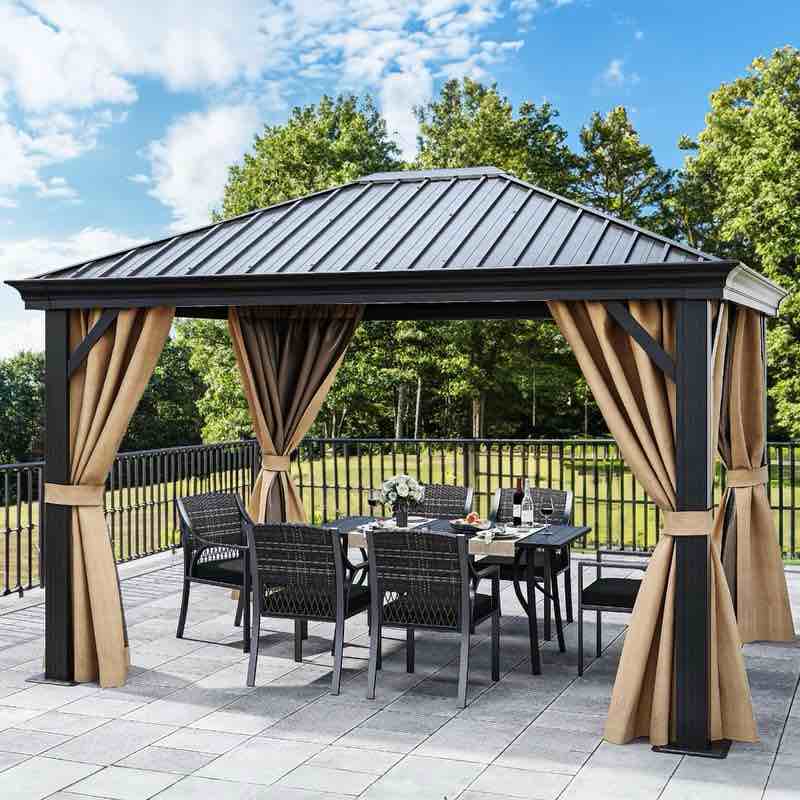 VitaHome K19 10x12ft Outdoor Hardtop Gazebo with Netting and Curtains Galvanized Steel Vertical Stripes Roof Gray FTPLCG (COMPLETE)