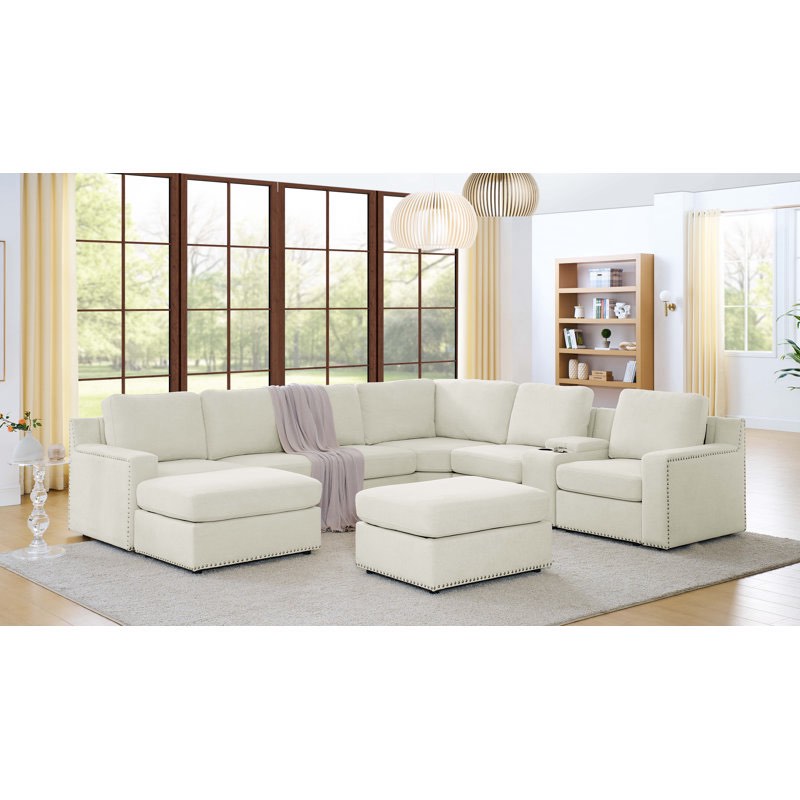 Wade & Logan Astare 77" Wide Reversible 8-Piece Upholstered Modular Corner Sectional with Ottomans  Color: Beige Features:  Studs Nail-Head Trim,USB Charger,Cup Holders,Storage on Console,Custom Configurations (COMPLETE)