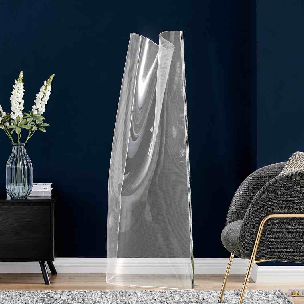 Acrylic Lace Floor Lamp - Chrome (See, Description for Details.)   Size: 22" x 19" x 55" Weight: 16.5 Lbs. Color: Clear + Chrome Kelvin: 4000 Watts: 15 Lumens: 1650 CRI: 80 