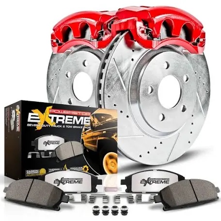 Power Stop KC6268-36 Rear Z36 Truck & Tow Brake Pads and Drilled and Slotted Rotors Kit with Red Calipers For 2012-2017 Ford F-150 6 Lug [Application Specific] | 2012-2018 F-150 Raptor