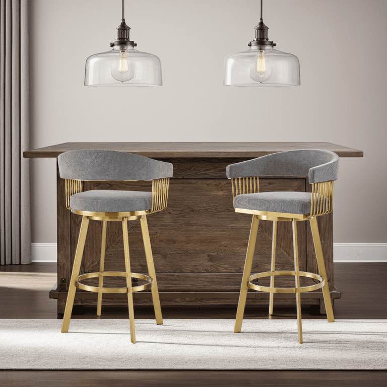 (5) Armen Living Chelsea 26IN Swivel Bar Stool with Gold Brushed Stainless Steel 5125 item 8296 - BS Chelsea, 26 inch Swivel Barstool Fabric-455 Grey/Gold (BID IS PER BARSTOOL, LOT IS FOR 5 TOTAL BARSTOOLS.)