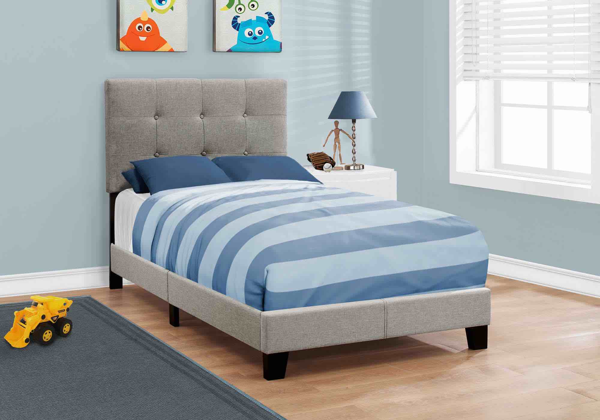 Monarch Specialties Bed, Twin Size, Upholstered, Bedroom, Frame Only, Youth, Teen, Juvenile, Grey Linen Look, Transitional