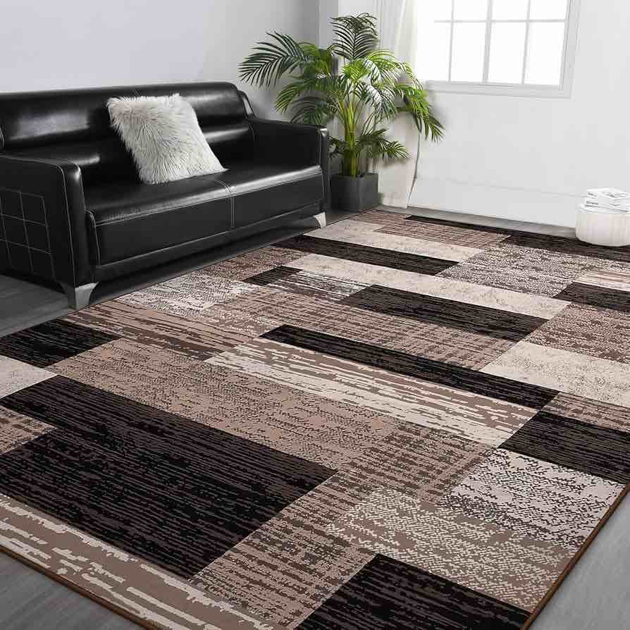 Fly Doit FlyDOIT Modern Geometric Patchwork Area Rug, 8x10 Chocolate Large Rugs for Living Room, Rockwood Collection Indoor Rugs for Bedroom, Throw Carpet Floor Decor for Entryway Dining Room Office Nursery
