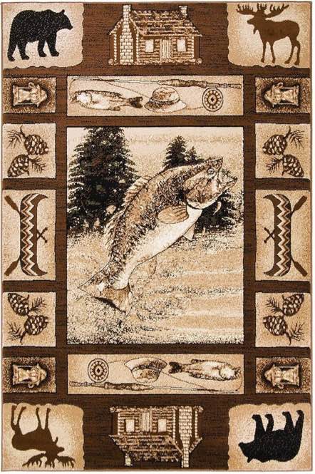LODGE 4 ft x 6 ft DESIGN CABIN AREA RUG FISH, BEAR, AND ELK