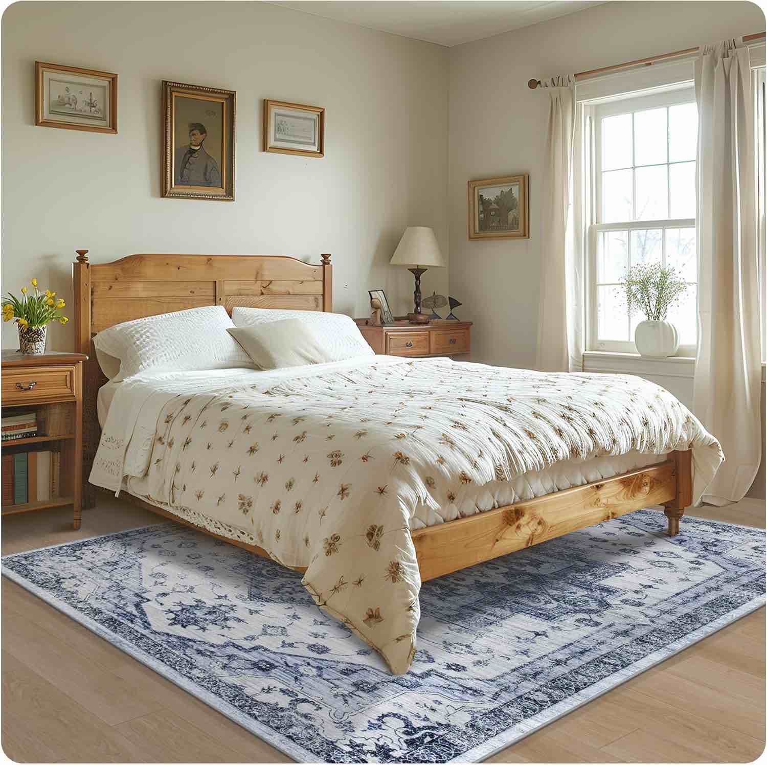 Washable Rug Living Room Rugs: 9x12 Area Rug Large Soft Boho Vintage Medallion Carpets Indoor Floor Anti Slip Non-Shedding Thin Carpet for Bedroom Dining Room Farmhouse Nursery Home Office-Blue/White