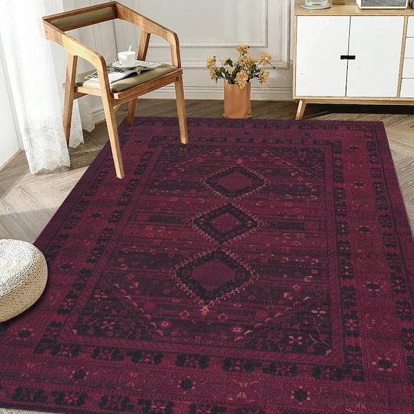 Olympus Burgundy 5 ft.8in.x 9 ft. Machine Washable Vintage-Turkoman Oriental Bokhara Polyester Non-Slip Backing Area Rug