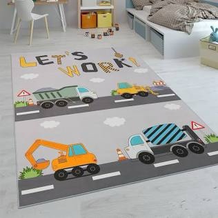 Paco Home Bino Design 578 7 ft 10 in by 11 ft 2 in Kids Rug for Nursery Construction Road Play Mat with Cranes and Trucks - 7'10" x 11'2" 
