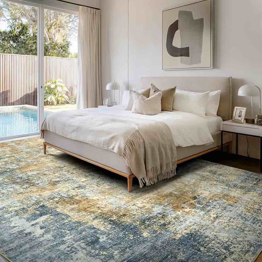 Area Rug Living Room Rugs - 8x10 Modern Abstract Soft Indoor Neutral Washable Rug Stain Resistant Non-Slip Low Pile Carpet for Bedroom Dining Room Home Office - Blue/Grey/Yellow