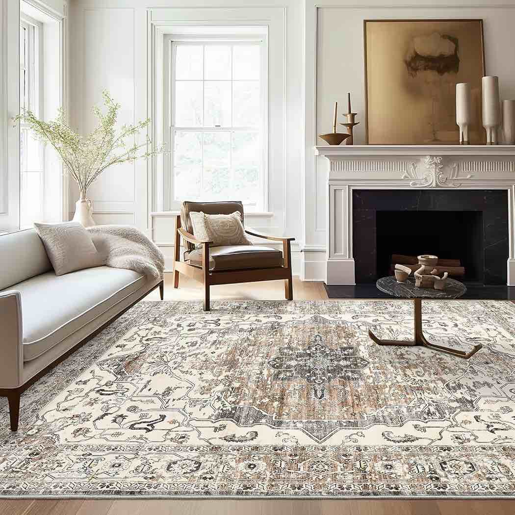 Befbee 8x10 Area Rugs for Living Room, Stain Resistant Neutral Washable Rugs for Dining Room, Floral Vintage Non-Slip Thin Large Size Area Rug (Brown/Grey)