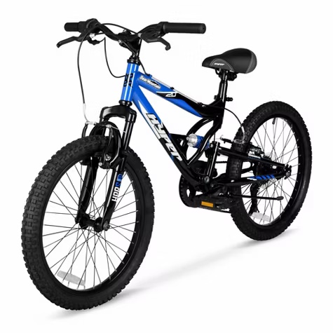 Hyper 20" Full Suspension Bear Mountain Bike - Black/Blue: 7-Speed, Steel Frame