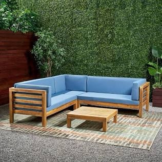Gracie Oaks Outdoor Teak 4 Piece Patio Conversation Sectional Set w/Antique Blue Cushions (NO DAMAGED OBSERVED - SEE PHOTOS.)