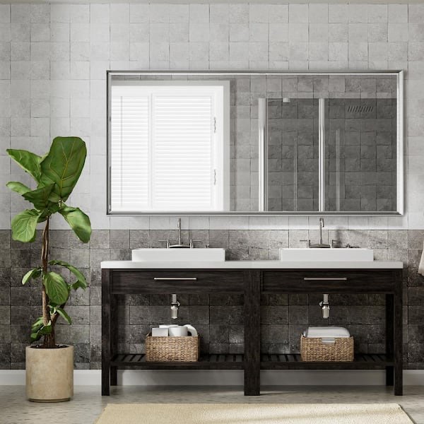 QueenFun 72 in. W x 36 in. H Rectangular Framed Aluminum Beveled Edge Wall Mount Bathroom Vanity Mirror in Brushed Silver