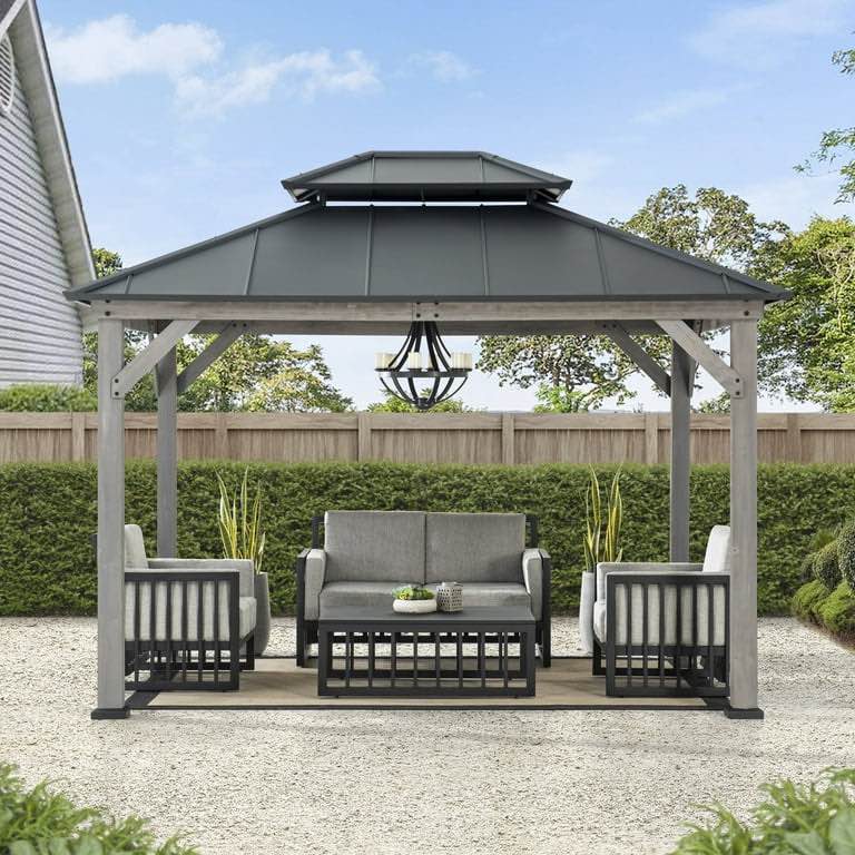 SUNJOY 10 x 12 ft. Wood Gazebo, Outdoor Patio Steel Hardtop Gazebo, Cedar Framed Wooden Gazebo with 2-Tier Metal Roof, Suitable for Patios, Lawn and Backyard, Matte Black Roof + Gray Wood Frame (MISSING HARDWARE, OTHERWISE COMPLETE, CONTACT SUNJOY, SEE PHOTOS OR USE MANUAL TO REPLACE AT HARDWARE STORE.)