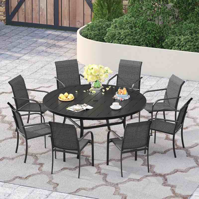 60" Patio Dining Set with Metal Round Dining Table and Stackable Armrest Dining Chairs (Set of 9)  by Red Barrel Studio (PRE-ASSEMBLED.)