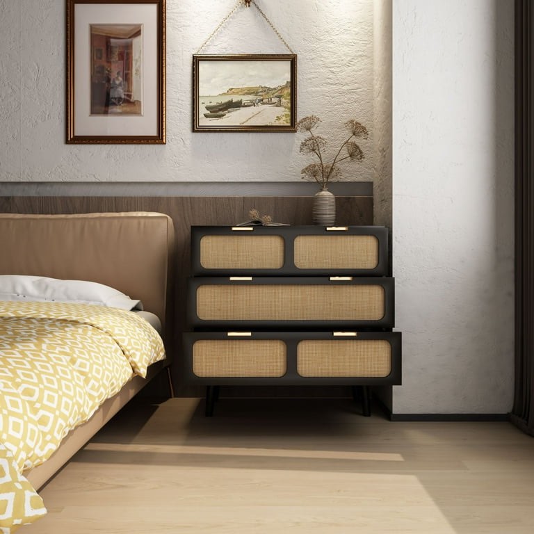 Yocwo 3 Drawer Dresser, Modern Rattan Dresser Chest with Wide Drawers and Metal Handles, Farmhouse Wood Storage Chest of Drawers for Bedroom, Living Room, Hallway, Entryway (Black) BKD1206C80