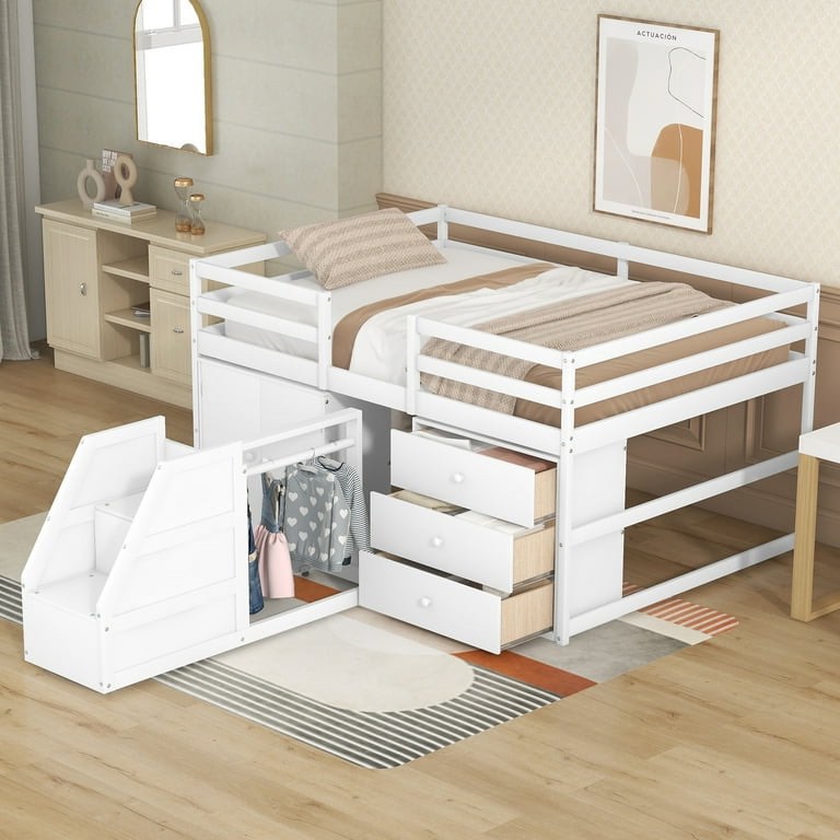 Groupnineet Full Size Storage Functional Loft Bed with Cabinets and Drawers Plus - Hanging Clothes Closet at the back of the Roll-Out Staircase, White (COMPLETE)