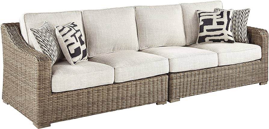 Signature Design by Ashley Beachcroft Outdoor Wicker Patio Sofa with Cushion and 2 Pillows, Beige, Light Gray & Beachcroft Sofa 2 piece, Beige 