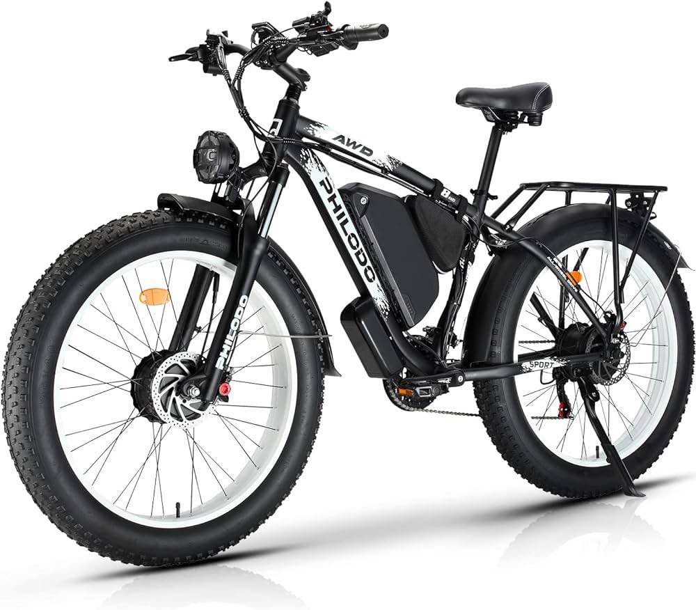 PHILODO Electric Bike for Adults, 48V 22Ah Fat Tire Ebike Dual Motor AWD 2000W 35MPH Electric Bicycles 21-Speed with Ignition Lock Hydraulic Disc Brake Color: BLACK & WHITE  (ASSEMBLED - TESTED, FULLY FUNCTIONAL - BIKE NEEDS SET-UP TO RIDER - HOLDS CHARGE AND RECHARGE.)