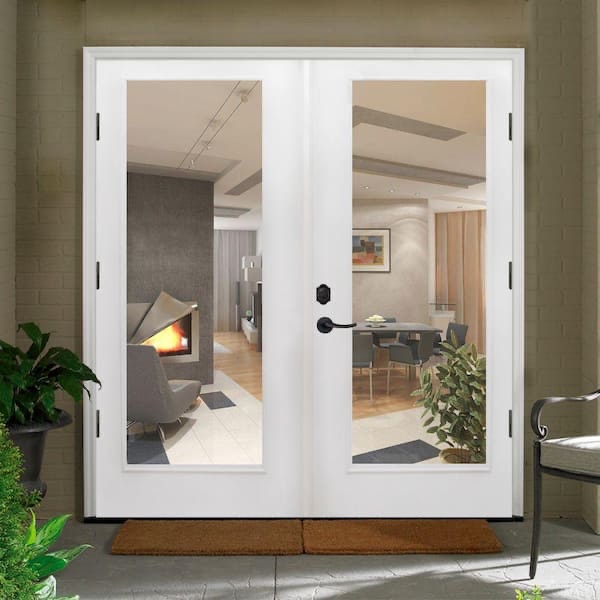 Steve & Sons 56 in. x 80 in. Reliant Series Clear Full Lite White Primed Left Hand Outswing Fiberglass Double Prehung Patio Door by Steves & Sons (VERY MINOR DAMAGE to REPLACEABLE PLASTIC ENTRANCE BOLT COVER PLASTIC TRIM PIECE . SEE PHOTOS. CAN BE SEEN AT PREVIEW MON-FRI 4-6PM.)