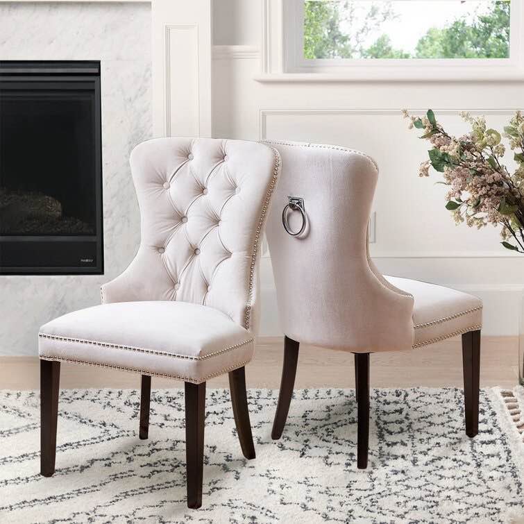 (10) Will Arlo Newman Tufted Velvet Upholstered Wingback Chair Beige (Set of 10 Chairs, 5 Boxes of 2 Chairs Each, MSRP $499 Each = $2495 total. BID IS PER BOX OF 2 for a TOTAL OF 10 CHAIRS.)