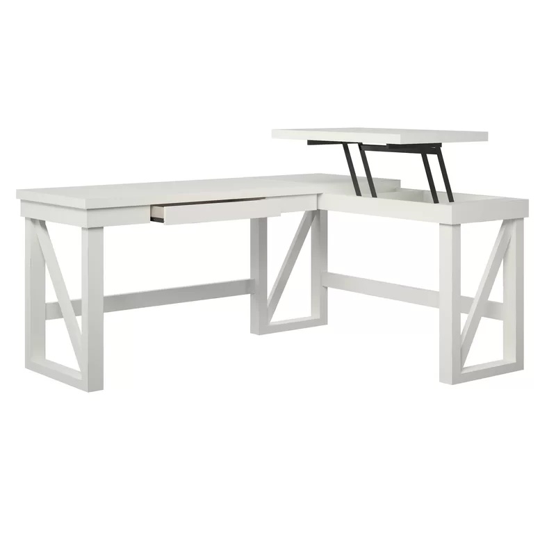 Beachcrest Home Hastings Height Adjustable L-Shape Standing Lift Desk Work Sitting or Standing, White (MINOR COSMETIC SCUFF - VERY MINOR NEEDS TOUCHED UP WHITE.)