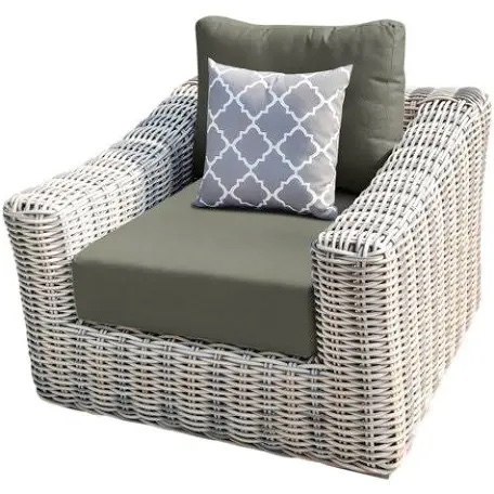 (3 Piece Set) Pair of Sommer Patio Club Chairs with Cushions & Sommer Rectangular Outdoor Coffee Table Aluminum & Woven Wicker Table By Rosecliff Heights Cushion Color: Light Grey Includes Weather Covers. (MSRP $989 Each Chair & $599 Coffee Table.)