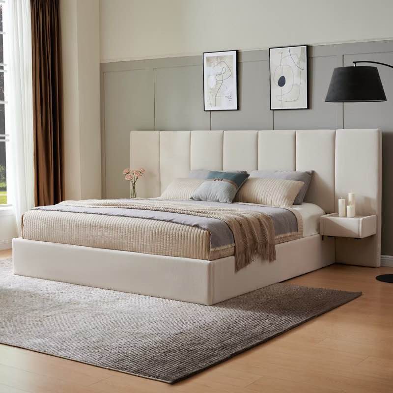 Upholstered Lift Storage Bed Frame with Hotel-Style Headboard, Queen & King Size Bed Frame, SprungSlats, Velvet Headboard and Drawers, Gas Lift Hydraulic Support, No Box Spring Needed, Cream/Light Grey By Latitude Run