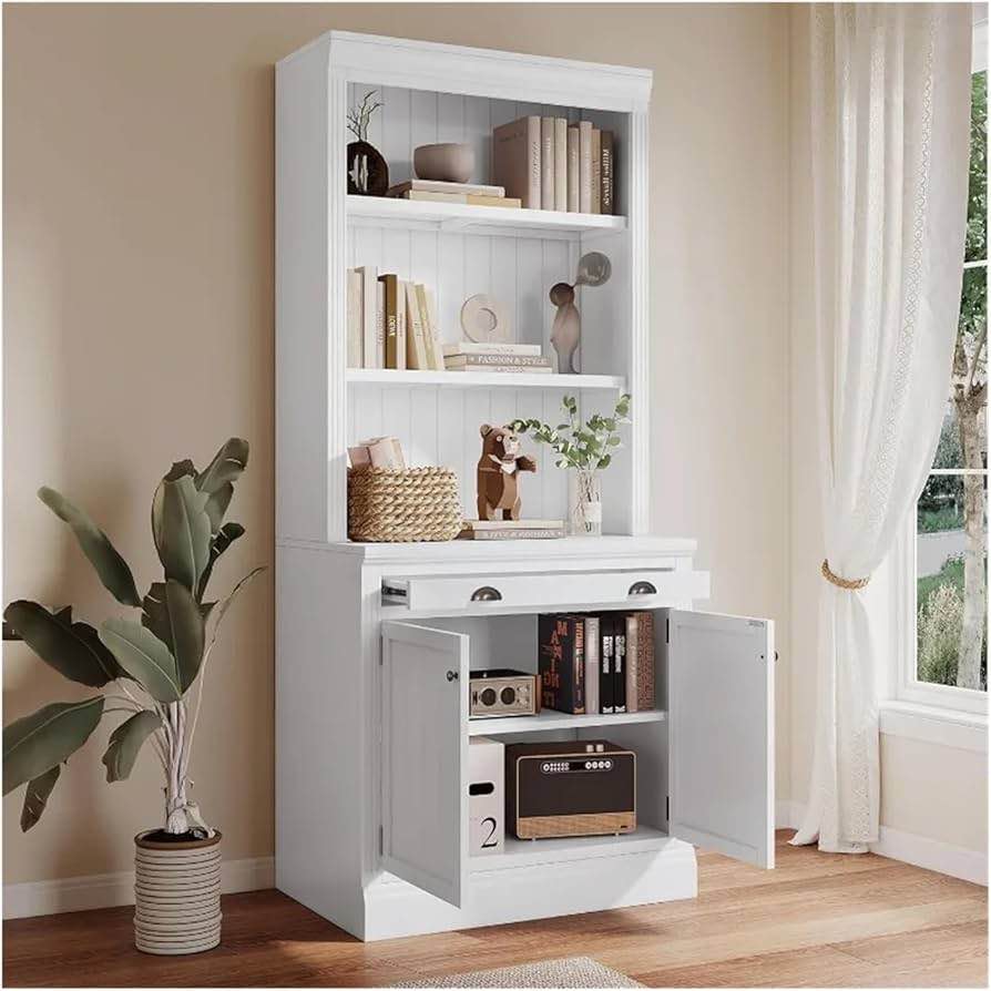 MhaRt Bookshelf with LED Lighting Drawer and Cabinets,Tall Narrow Open Book Shelf Storage Organizer, Bedroom, Living Room, Office,Storage