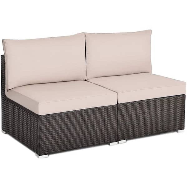 (2-Piece) Wicker Outdoor Patio Rattan Armless Sectional Sofa Set with Brown Cushions,Aluminium Feet for Patio and Garden by Kadehome