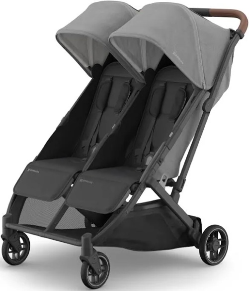 UPPAbaby Minu Duo Side-by-Side Double Stroller - Lightweight + Compact Design for Travel - Easy Fold- From Birth to Toddler - Independent Recline -Greyson(Charcoal Mélange/Carbon Frame/Saddle Leather)