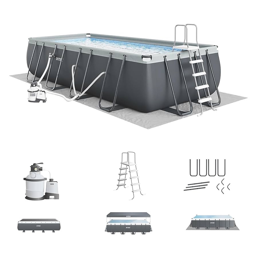 Intex Ultra XTR Frame 18' x 9’ x 52" rectangular Above Ground Swimming Pool with Sand Filter Pump, Ladder, Cover, & Maintenance Accessory Kit 