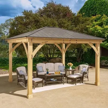 Meridian 12 ft. x 14 ft. Premium Cedar Outdoor Patio Shade Gazebo with Architectural Posts and Brown Aluminum Roof by Yardistry - Unrivaled Quality - Premium Cedar Lumber - Premium Aluminum - Solid Engineering - Heavy-Duty Gussets (COMPLETE.)