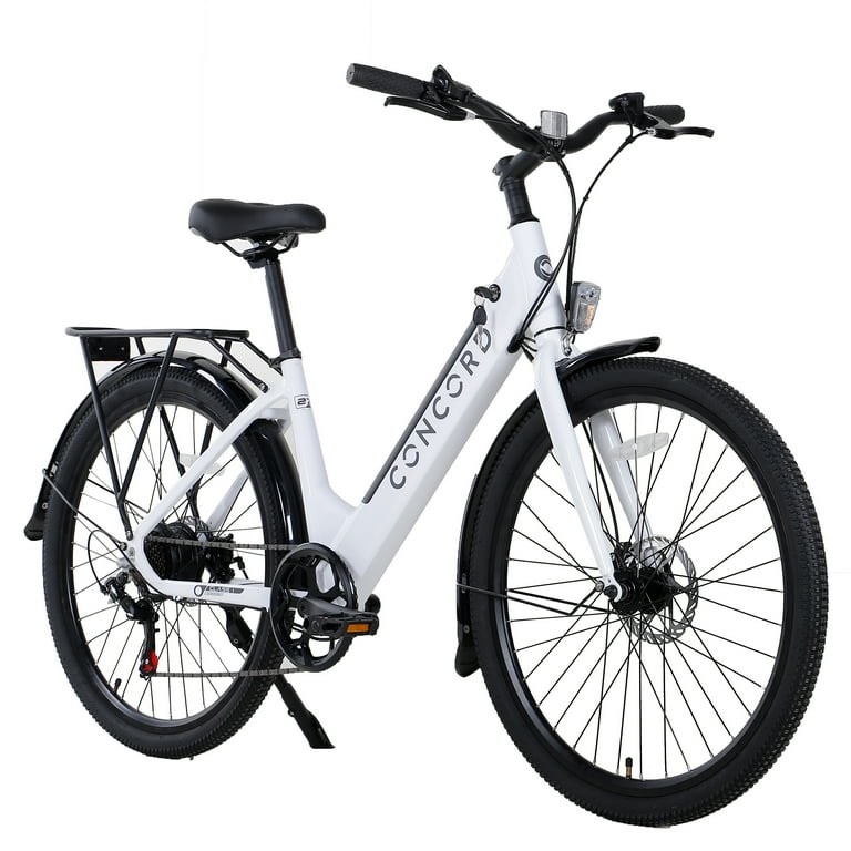(2) Concord 27.5" Concord Step-Thru Electric Commuter Bike, 36V, White, Fits Riders 5'1" - 6'1", Adult, Unisex (BID IS PER E-BIKE, LOT IS FOR 2 E-BIKES TOTAL. POWER ON., WORKING CONDITION.)