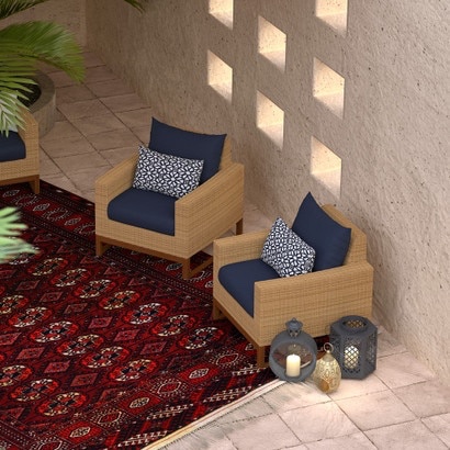 RST Mili Set of 2 Sunbrella Outdoor Club Chairs - Ink & Cast Coral OP-PECLB2-MIL (CUSHIONS SHOWN ARE NAVY BLUE, CUSHIONS ARE BLACK WITH SAME COLOR FRAME.)