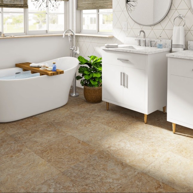 (252 Sq Ft.) Parterre Stone Replica 18 x 18in Luxury Vinyl Tile w/ Texture Color: Coffee Fossill #21006 (BID IS PER Sq Ft., LOT IS FOR 252 Sq Ft. TOTAL. MSRP $5.49 Per Sq. Ft.)