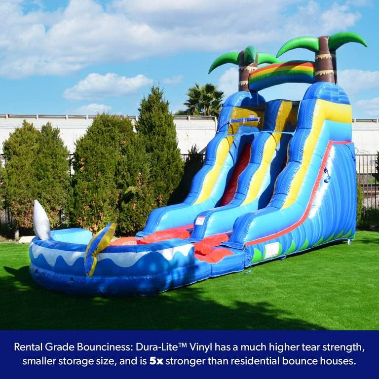 HeroKiddo 15 FT Ocean Shark Commercial Grade Water Slide (with Pool and Blower) Replaceable Slide Liner Reinforced Stitching and Detachable Pool, Handles for Safe Climbing.