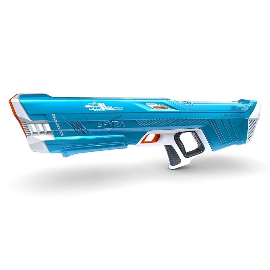 (5) SPYRA Electric Water Blaster, Outdoor Squirt Gun for Pool Games, SpyraThree™, Blue - Automatic Water Blast Guns for Beach, Backyard, Patio, and Garden (BID IS PER SPYRA GUN, LOT IS FOR 5 TOTAL.).   Water Blaster: Electric squirt gun to discover the ultimate water blasting experience with 3 dynamic games modes for endless fun; Water blasts up to 50 feet Built to Last: Crafted with durable, high-quality materials, this water blaster is designed to withstand the rigors of intense outdoor play, making it a summer essential for all ages from 14+ Tactical Display: Stay on top of your game with the integrated LED display, showcasing real-time tank volume and battery status for full preparedness (ALL 5 POWER ON.)