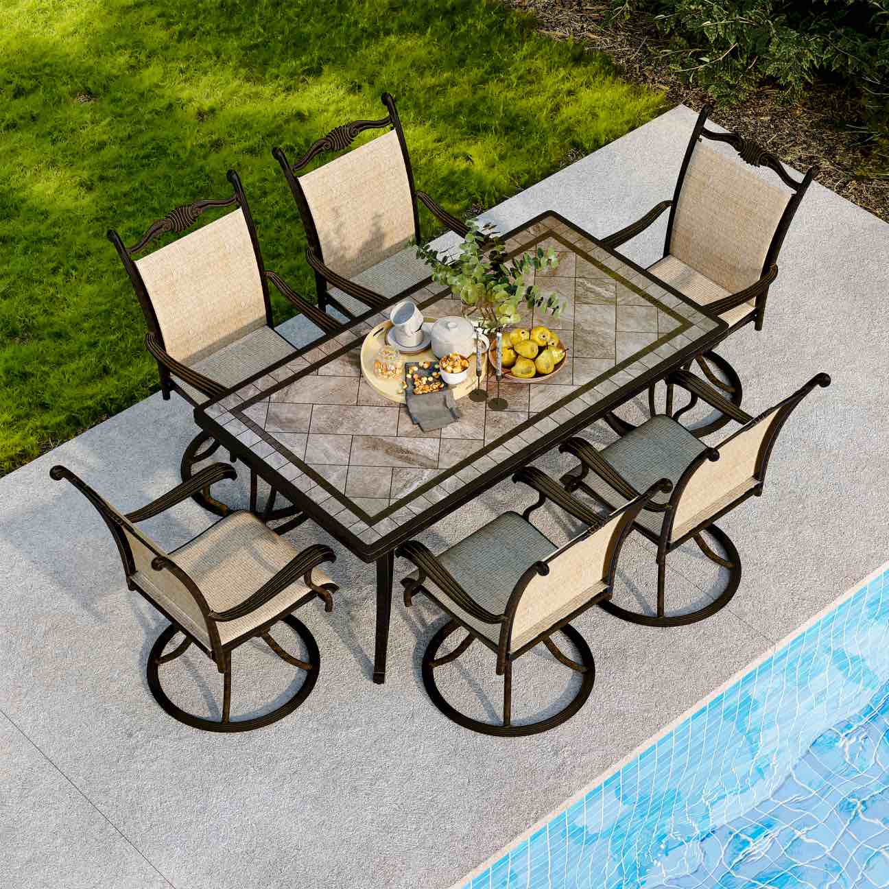 Mondawe Rectangle Aluminum 66 in. Length Outdoor Dining Table with 2in Umbrella Hole  (TABLE TOP & UMBRELLA ONLY - BASE NOT INCLUDED - DOZENS OF COMPATIBLE BASES & LEG SETS AVAILABLE ONLINE $350, SEE PHOTOS.