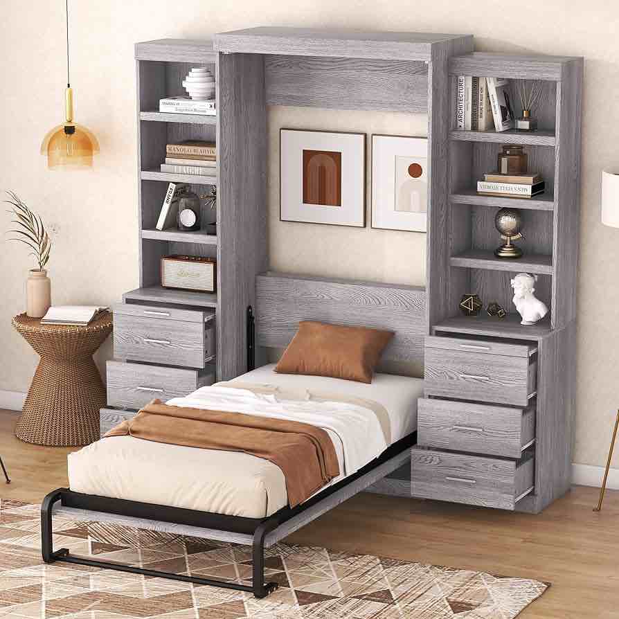 Gray Wood Frame Queen Size Murphy Bed with 8 Storage Shelves and 8-Drawer, Folded Into a Cabinet, Grey by Harper & Bright Designs