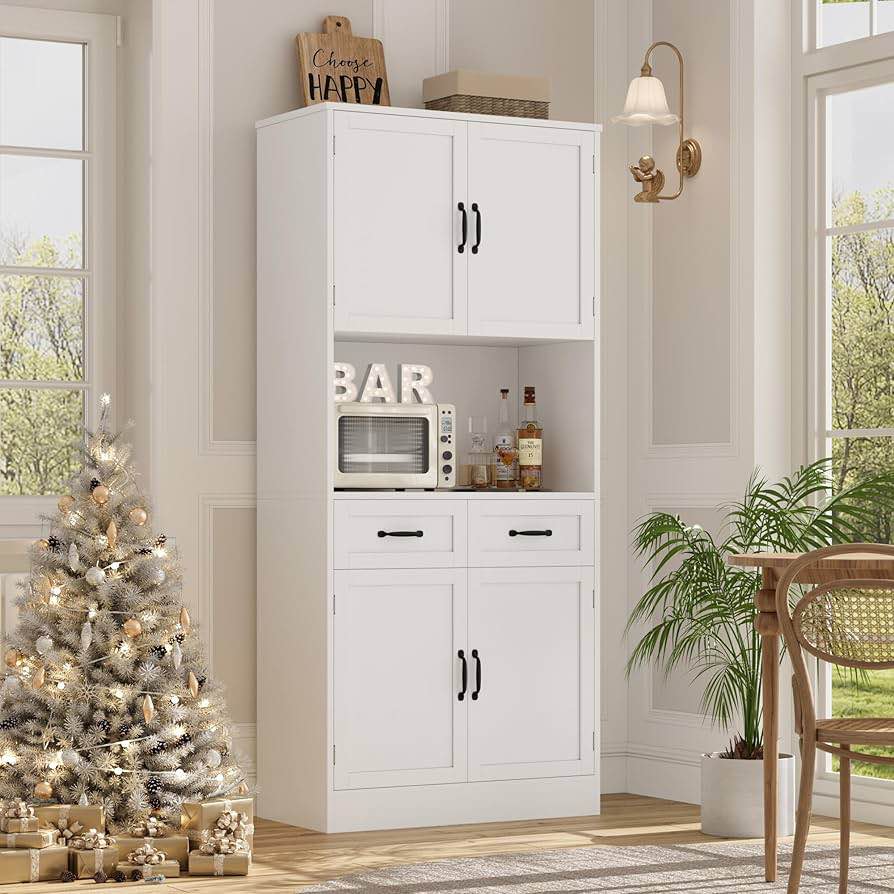 HOSTACK 71in Tall Kitchen Pantry Storage Cabinet, Modern Kitchen Hutch Bar Cabinet with Microwave Stand, Wood Buffet Sideboard with Hutch, Cupboard with Drawers, Shelves for Dining Room, White