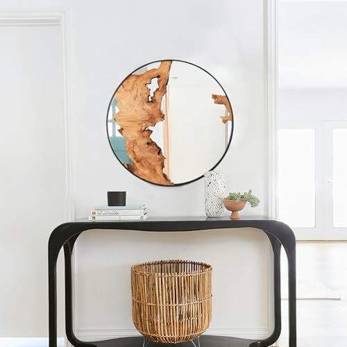 28" round wall mirror with natural wood accent, rustic farmhouse circle vanity mirror for wall decor, bedroom, living room or entryway, vertical or horizontal hanging, symmetrical design