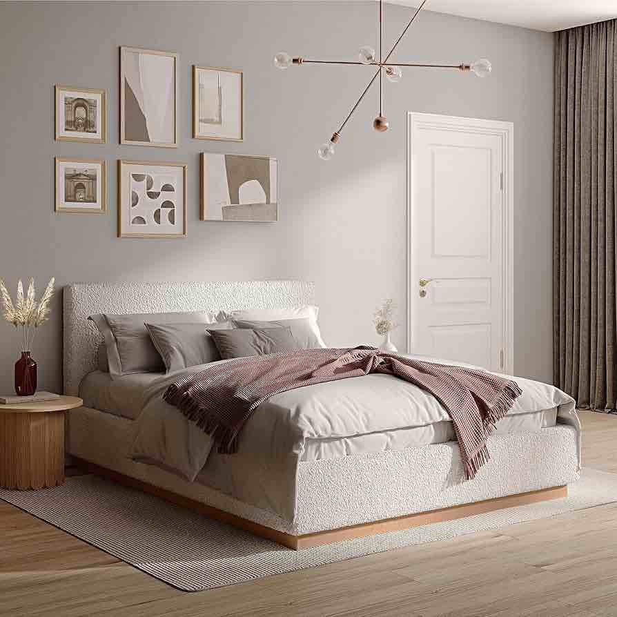 DG Casa Porter Queen Size Boucle Plinth Base Platform Bed Frame with Full Bed Slats - Box Spring Not Required – Upholstered in Soft Fabric - Pedestal Base Natural Finish 180250-Q-NTL-BCL