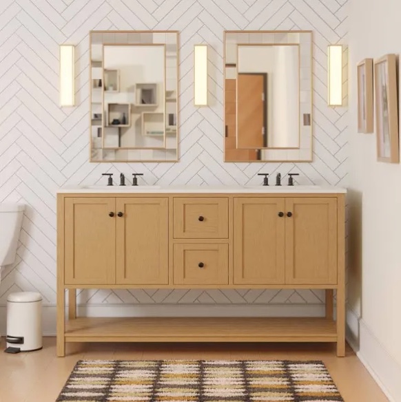 KBC Binne 60'' Double Bathroom Vanity with Top By Three Posts™ Base Finish: Blonde | Top Finish: Engineered White