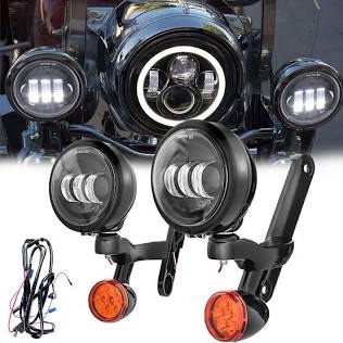 led auxiliary 4.5" spot fog light bracket fit for harley street electra glide road king spotlight passing light w/housing bucket bullet turn signals lamp (gloss black, 14 up touring)