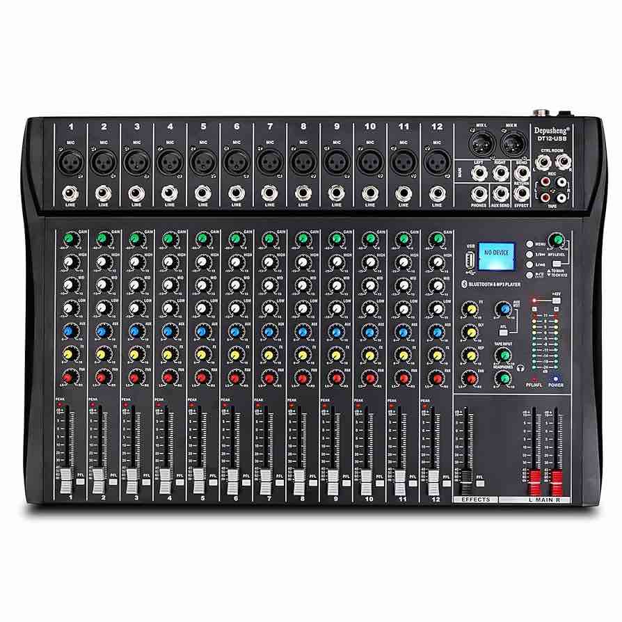 depusheng dt12 studio audio mixer 12-channel dj sound controller interface w/usb drive for computer recording input, xlr microphone jack, 48v power, rca input/output for professional and beginners