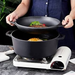 Bruntmor Pre-Seasoned Cast Iron Double Dutch Oven with Skillet Lid - 7 Quart All-in-One Casserole and Braising Pan - Heavy Duty and Oven Safe Black Cookware for Versatile Cooking - 14.7 x 6.9 Inches & Bruntmor 5-Piece Cast Iron Cookware Griddle and Skillets Set.