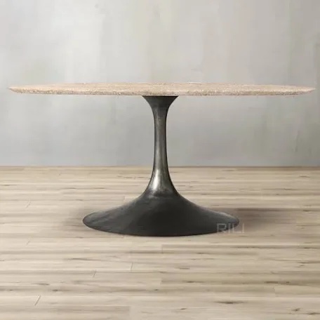 36” Tulip Base Martine Counter Table In Natural Material Travertine, Cane, Iron Leg Finish Natural Dimensions 52"w 52"d 30"h 