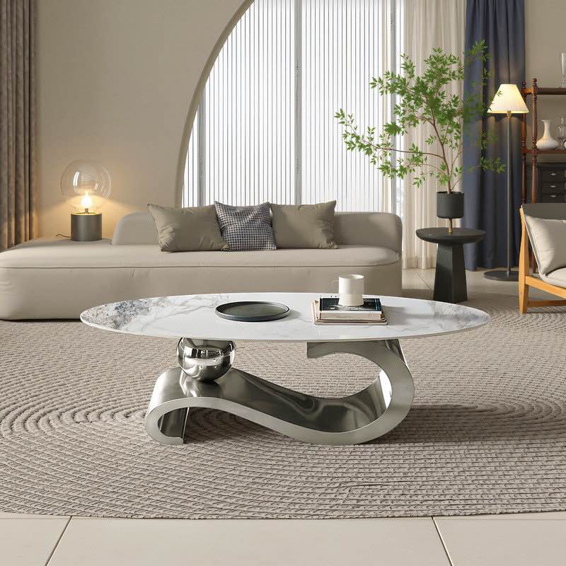 Luxury White Oval Coffee Table with Musical Note Base–Modern Accent Piece for Living Room Decor