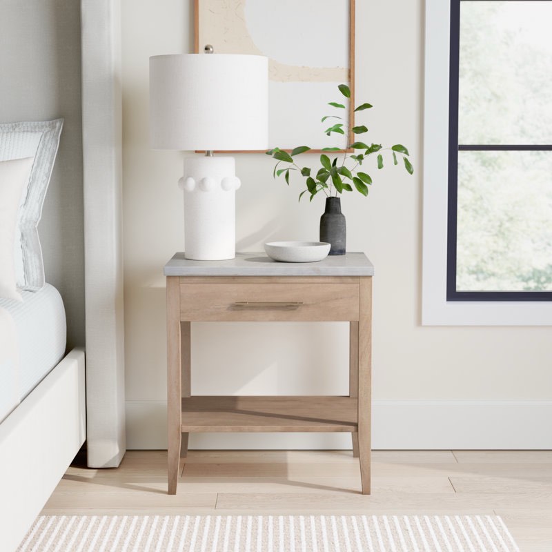 isa solid wood nightstand with marble top, natural